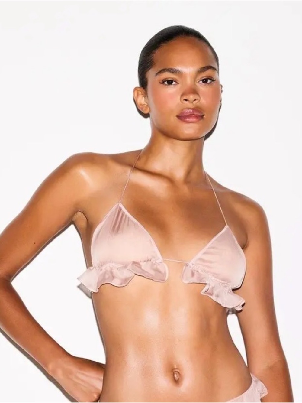 SKIMS ROMANCE TRIANGLE BRALETTE in color light fawn size medium